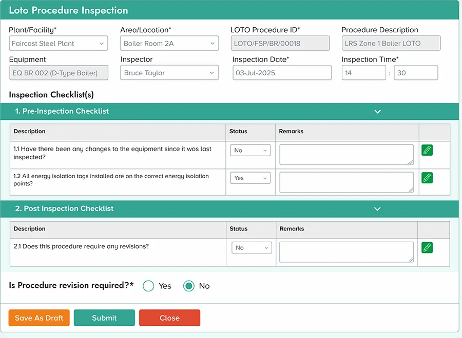 Loto Procedure Inspection